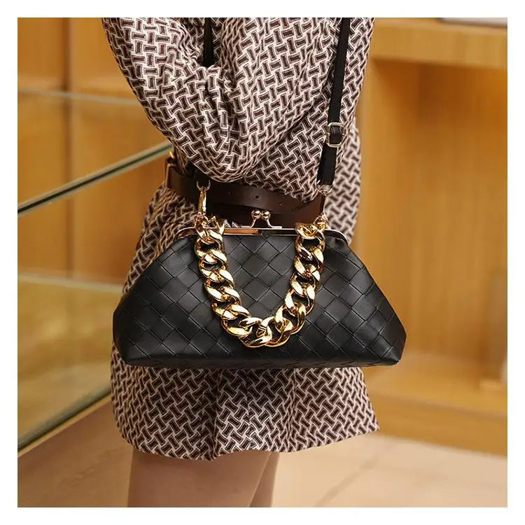 Leather Weave Handbag With Chain Handle Dumpling Bag Crossbody Bag