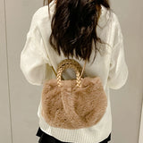 Leather Weave Handle Plush Handbag Fluffy Soft Tote Bag Purse Women's Clutch