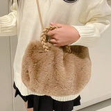 Leather Weave Handle Plush Handbag Fluffy Soft Tote Bag Purse Women's Clutch