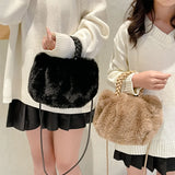 Leather Weave Handle Plush Handbag Fluffy Soft Tote Bag Purse Women's Clutch