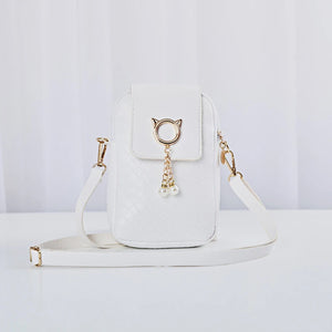 Leather Women Mini Cross-body Phone Bag Woven Pearl Tassel Cover