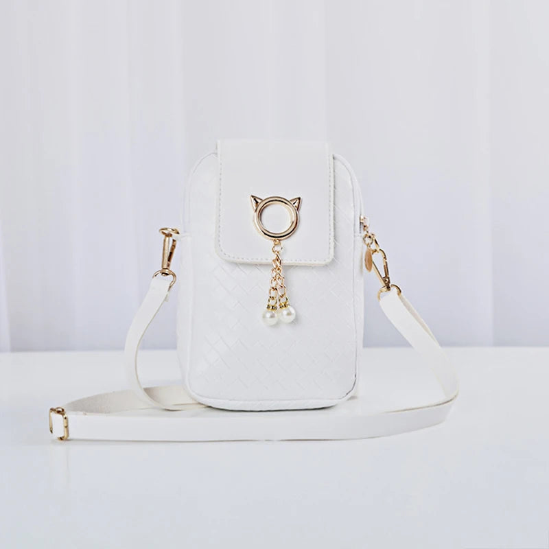 Leather Women Mini Cross-body Phone Bag Woven Pearl Tassel Cover
