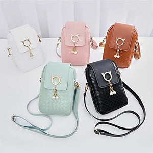 Leather Women Mini Cross-body Phone Bag Woven Pearl Tassel Cover