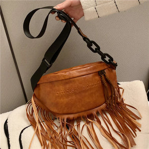 Leather Women's Shoulder Bag Chest Bag Tassel Decoration Crossbody Bag