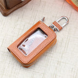 Leather Zipper Square Key Holder Case Key Chain Transparent Window Key Bag