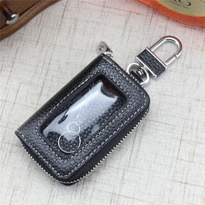 Leather Zipper Square Key Holder Case Key Chain Transparent Window Key Bag