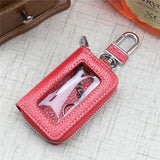 Leather Zipper Square Key Holder Case Key Chain Transparent Window Key Bag