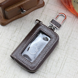 Leather Zipper Square Key Holder Case Key Chain Transparent Window Key Bag