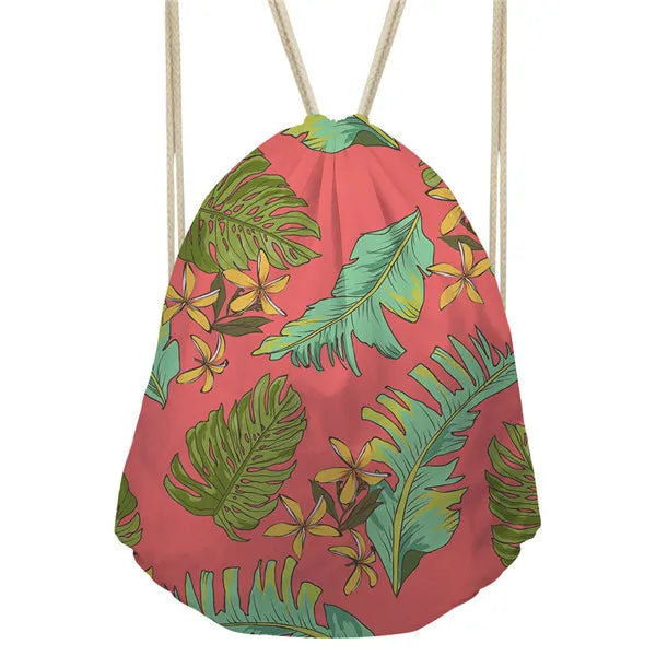 Leaves Plants Printed School Backpack Women Girls Drawstring Bags