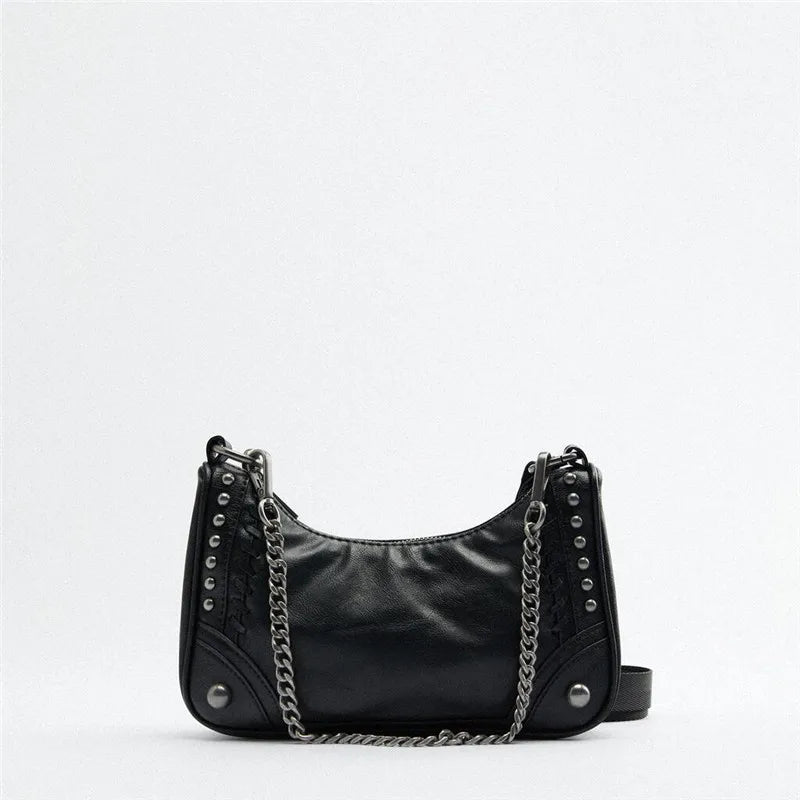 Leisure Hobo Chain Crossbody Bag Rivet Soft PU Leather Purses and Handbags