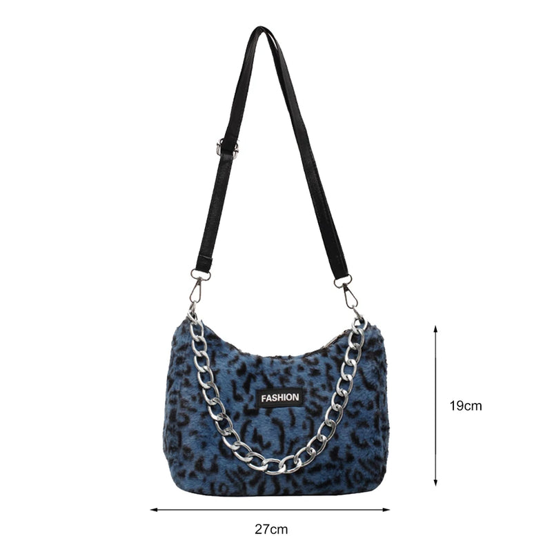 Leopard Bag Women Winter Plush Shoulder Messenger Bag Ladies Warm Large Tote