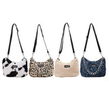 Leopard Bag Women Winter Plush Shoulder Messenger Bag Ladies Warm Large Tote