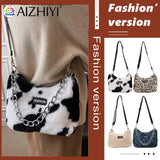 Leopard Plush Shoulder Bag Women Winter Messenger Chain Handbag