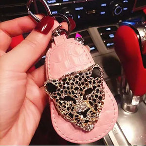 Leopard Head Car Key Bag Wool Ball Key Protective Case