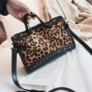 Leopard Pattern Boston Handbag Leather Shoulder Messenger Bag Zipper Rivets