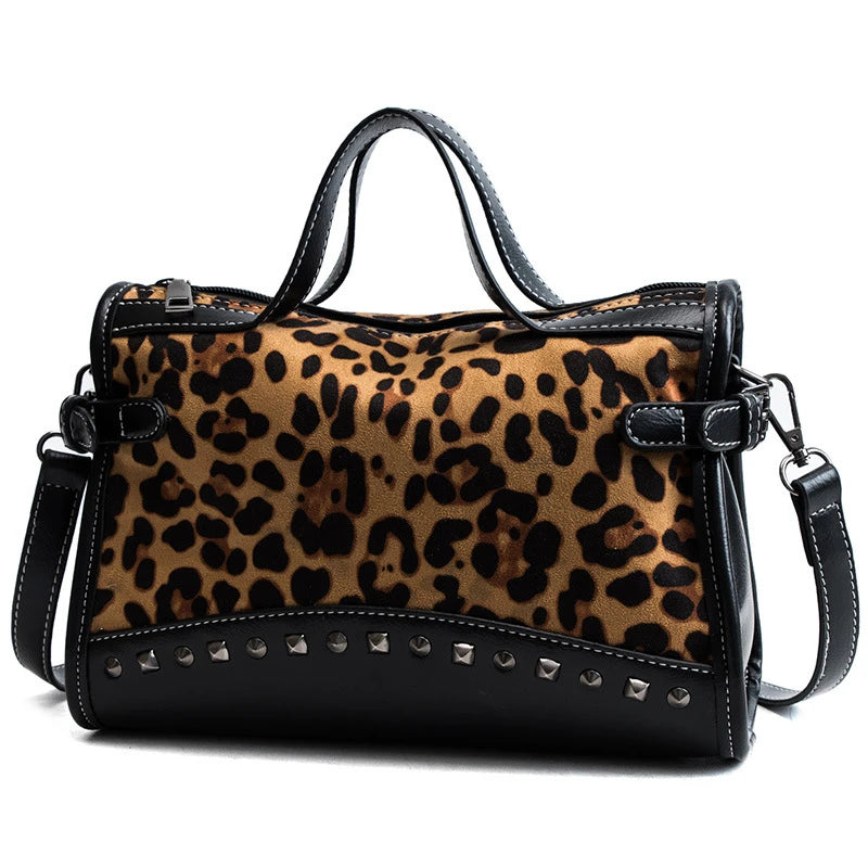 Leopard Pattern Boston Handbag Leather Shoulder Messenger Bag Zipper Rivets