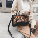 Leopard Pattern Boston Handbag Leather Shoulder Messenger Bag Zipper Rivets