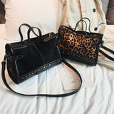 Leopard Pattern Boston Handbag Leather Shoulder Messenger Bag Zipper Rivets