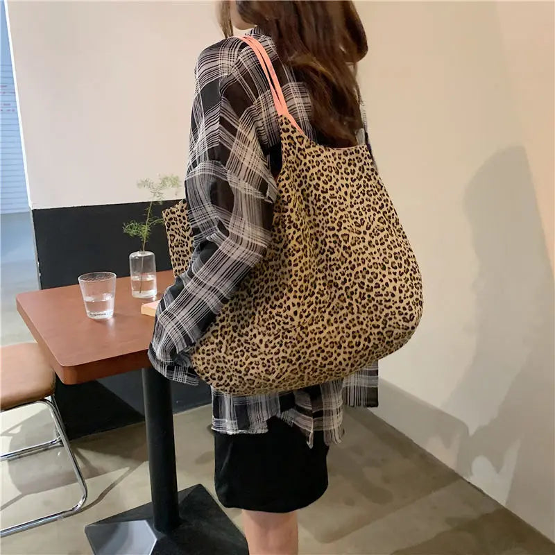 Leopard Pattern Women Canvas Shoulder Bag Large Capacity Tote Handbag