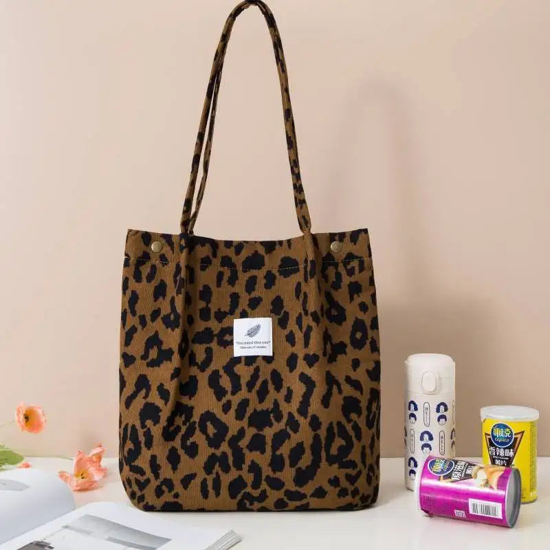 Leopard Pattern Shoulder Bag Corduroy Women Shopping Tote Handbags
