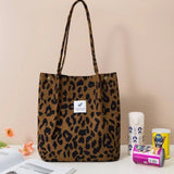 Leopard Pattern Shoulder Bag Corduroy Women Shopping Tote Handbags