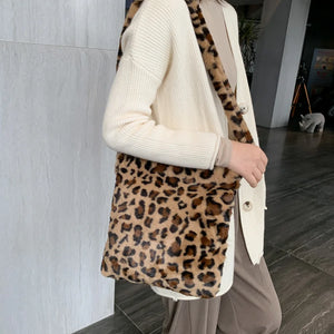 Leopard Plush Shoulder Bag Women's Vintage Handbag Large Capacity Messenger Bag
