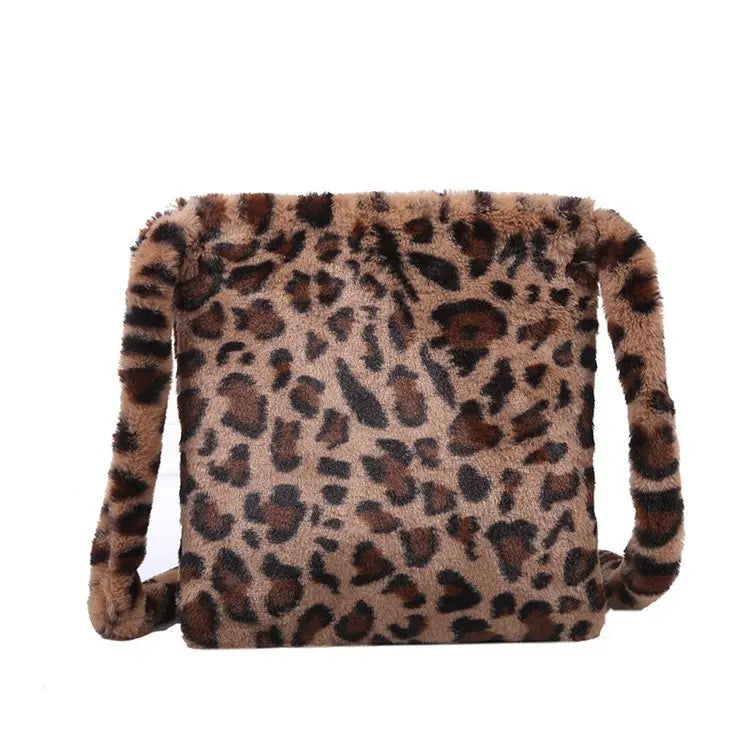 Leopard Plush Shoulder Bag Women's Vintage Handbag Large Capacity Messenger Bag
