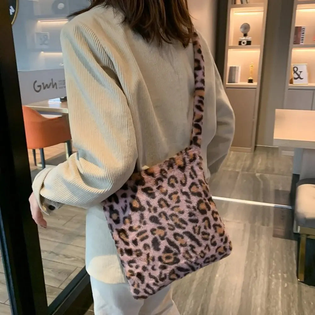 Leopard Plush Shoulder Bag Women's Vintage Handbag Large Capacity Messenger Bag