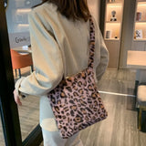 Leopard Plush Shoulder Bag Women's Vintage Handbag Large Capacity Messenger Bag