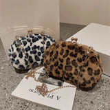 Leopard Print Fluffy Shoulder Crossbody Bag Cow Pattern Handbag