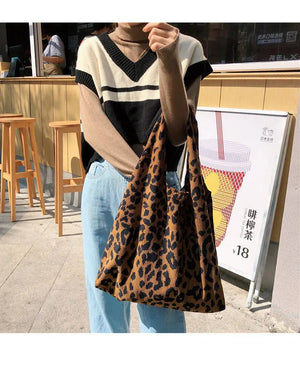 Leopard Print Women Shoulder Bags Vintage Ladies Corduroy Vest Bag