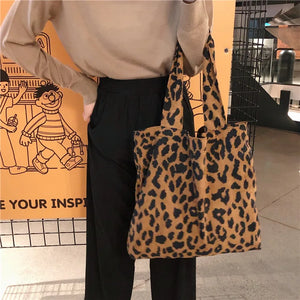Leopard Print Women Shoulder Bags Vintage Ladies Corduroy Vest Bag