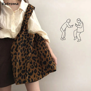 Leopard Shoulder Bags Women Large Capacity Corduroy Travel Storage Tote Bag