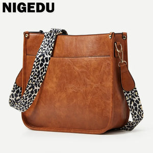 Leopard Wide Strap Women Crossbody Bag Large Capacity PU Leather Shoulder Messen
