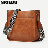 Leopard Wide Strap Women Crossbody Bag Large Capacity PU Leather Shoulder Messen