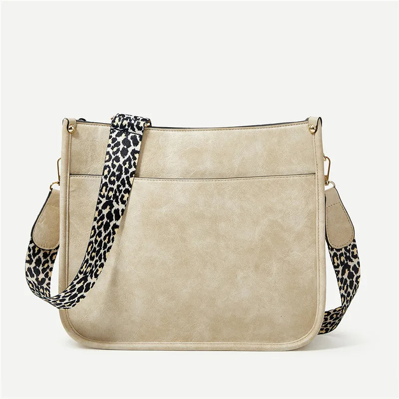 Leopard Wide Strap Women Crossbody Bag Large Capacity PU Leather Shoulder Messen