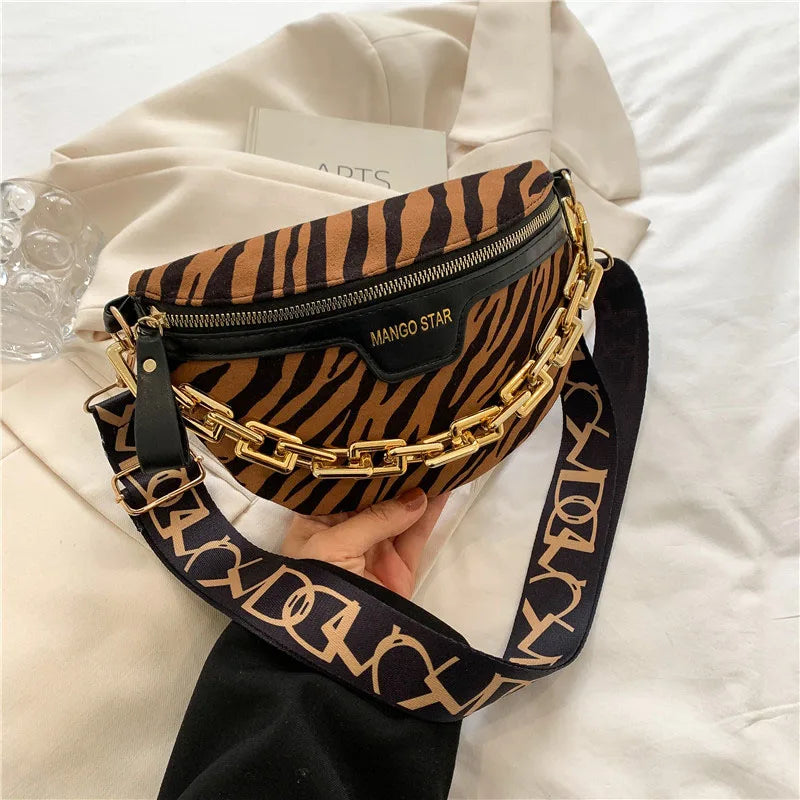 Leopard Thick Chain Fanny Packs Belt Pouch Waist Bag Women?s PU Leather