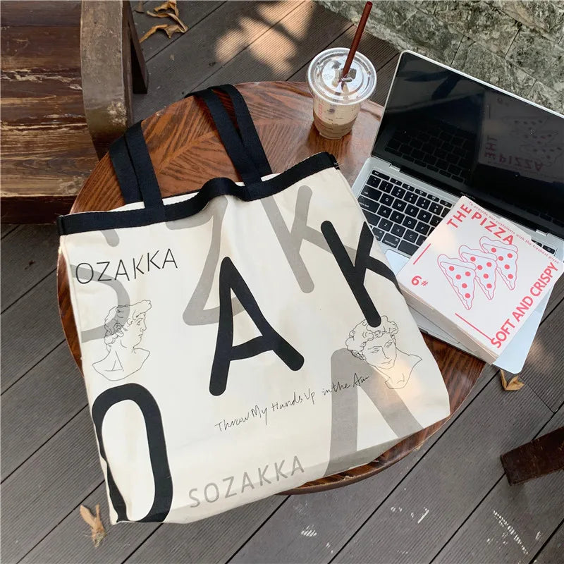 Letter Canvas Women's Shoulder Bag Large Capacity Girls Book Tote Handbags