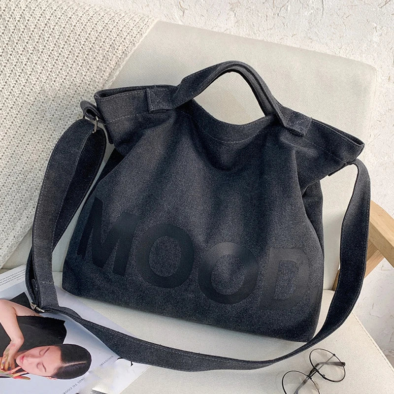 Letter Decors Canvas Bag for Women Large Capacity Casual Shoulder Bag