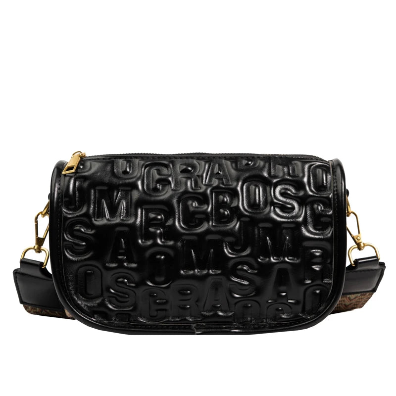 Embossed Women's Crossbody Bag Wide Strap Shoulder Bag Leather Handbag