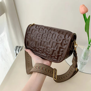 Embossed Women's Crossbody Bag Wide Strap Shoulder Bag Leather Handbag