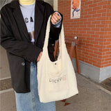 Letter Embroidery Plush Shoulder Bag Faux Lamb Wool Female Tote Handbag