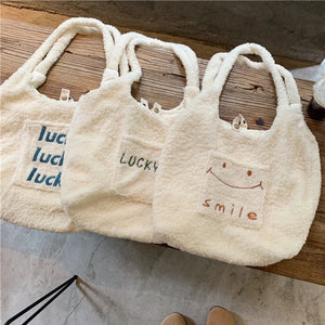 Letter Embroidery Plush Shoulder Bag Faux Lamb Wool Female Tote Handbag