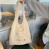 Letter Embroidery Plush Shoulder Bag Faux Lamb Wool Female Tote Handbag