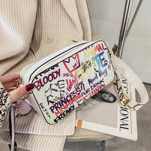 Letter Graffiti PU Leather Crossbody Bag Women Shoulder Handbag Purses