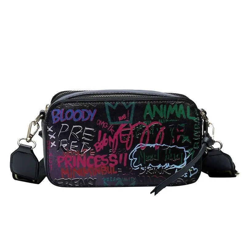 Letter Graffiti PU Leather Crossbody Bag Women Shoulder Handbag