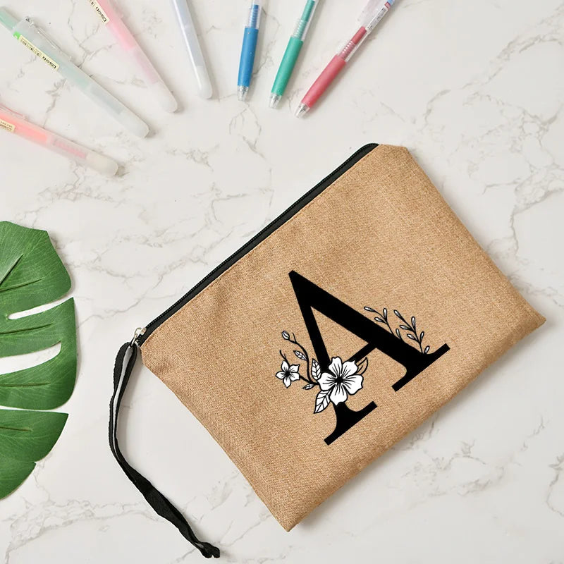Letter Print Women Cosmetic Bag Makeup Bag Classic Organizer Bag Linen Zipper
