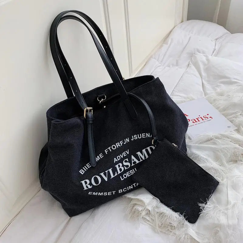 Printed Canvas Tote Bag with Small Bag Set