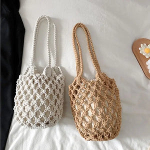 Hollow Fishnet Beach Bucket Handbag Women Woven Shoulder Bag