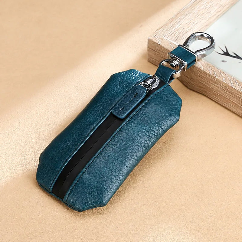 Leather Car Key Case Lychee Pattern Zipper Universal Key Cover
